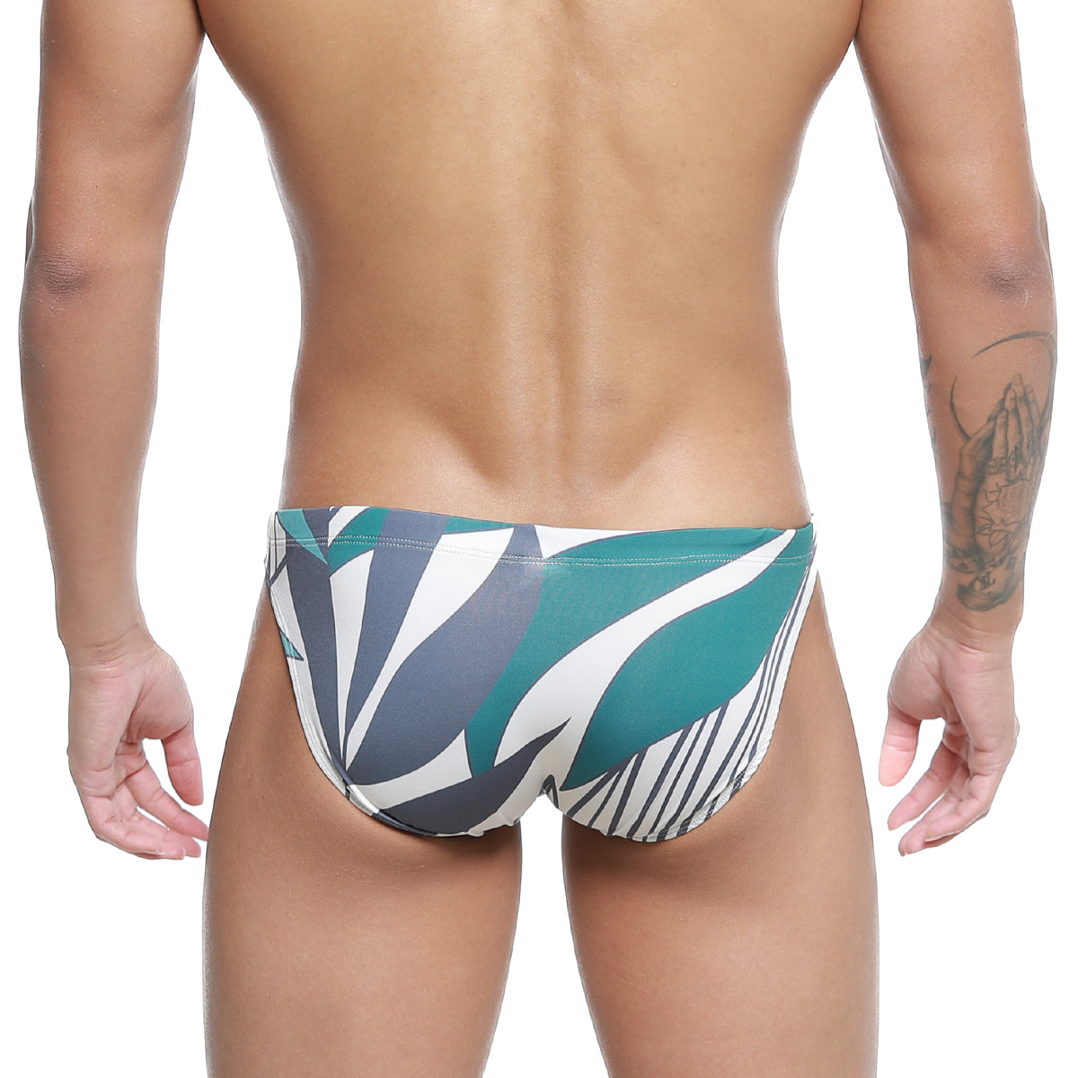 MetroMaleWear classic swim bikini Meadow 4937-09 in teal white and gray abstract leaf-patterned fabric