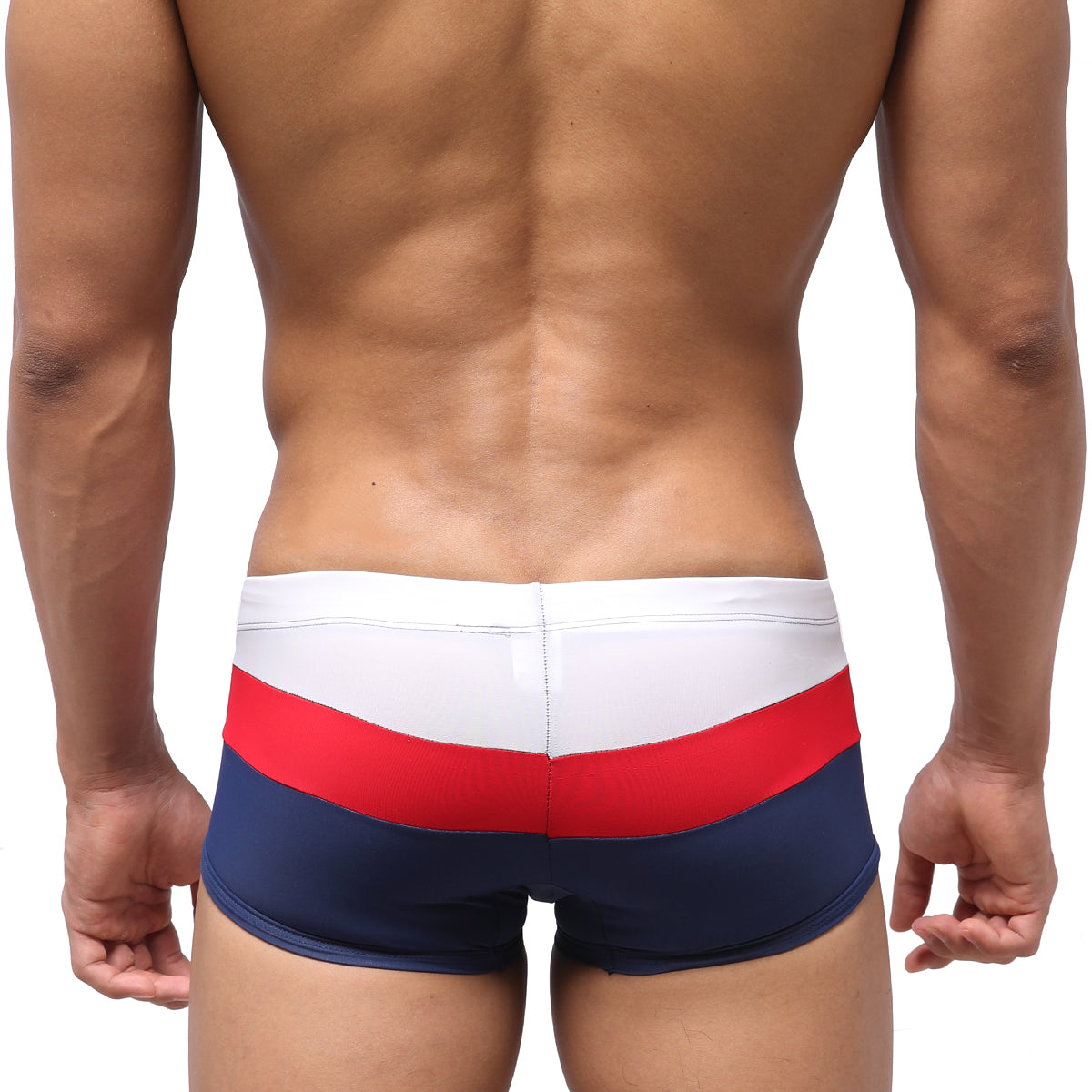 Men’s metromalewear lycos swim trunks in navy with bold red white and navy horizontal stripes for beachwear