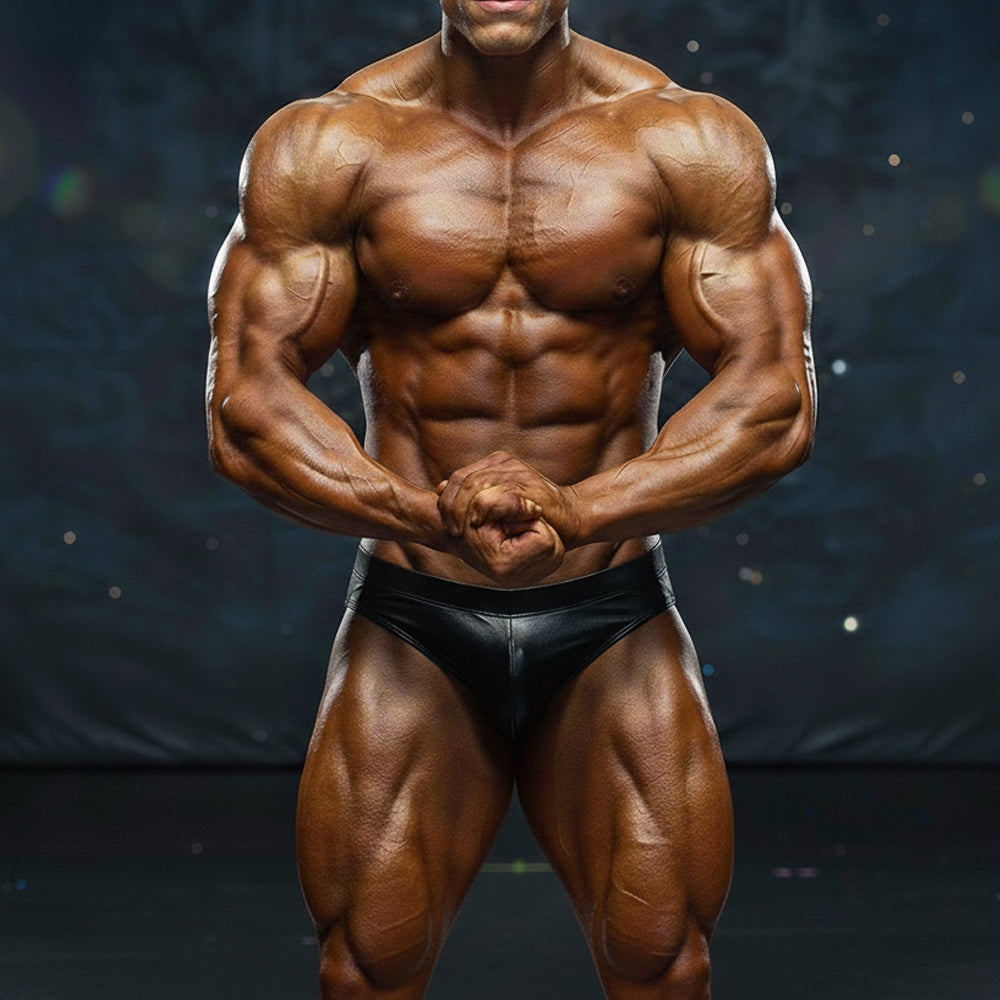 A muscular male bodybuilder wearing black glossy MetroMaleWear swim brief solid black 4946-19 front view