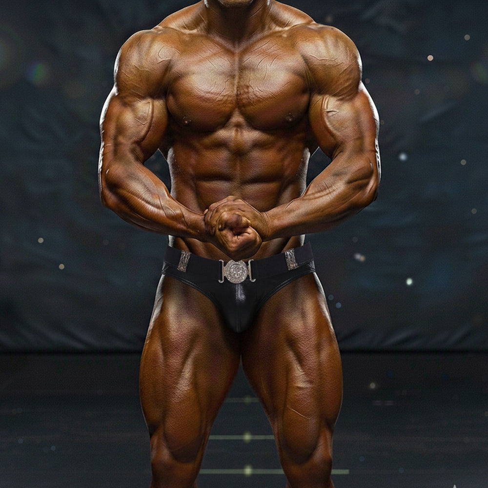 Black MetroMaleWear ICON swim brief with silver ornate belt buckle designed for competitive bodybuilding