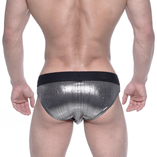MetroMaleWear STARS swim brief in shiny silver metallic fabric with a black elastic waistband for men