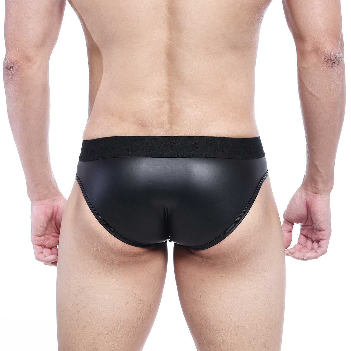 Black glossy faux leather briefs with sleek design and elastic waistband from MetroMaleWear camouflage swim brief 4946-90