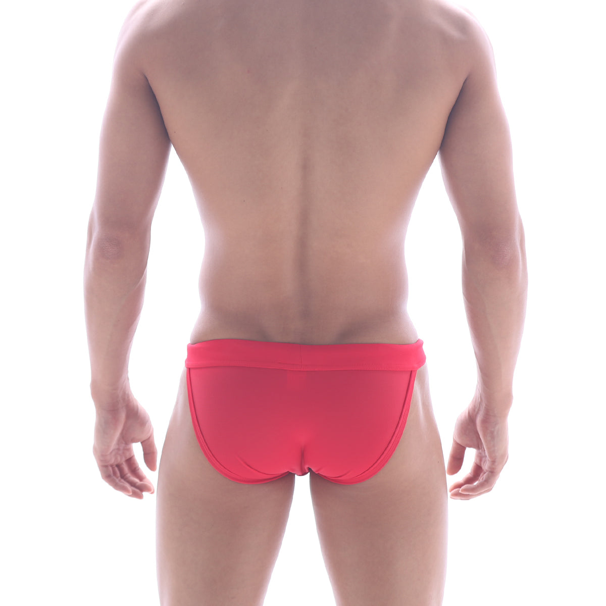 Bright red form-fitting swim trunks with smooth fabric and contoured design metroMalewear Rio Swim Bikini America