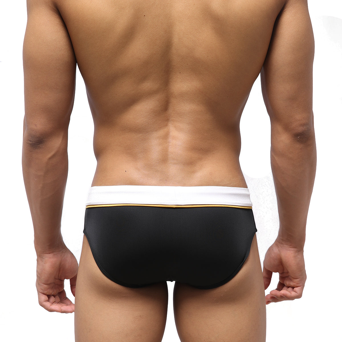 MetroMaleWear edge swim brief black with white waistband and gold trim designed for comfortable swimming