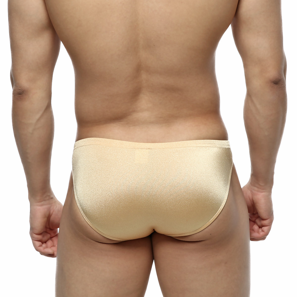 Beige metallic MetroMaleWear silicon swim bikini briefs with a sleek form-fitting design for swimwear use