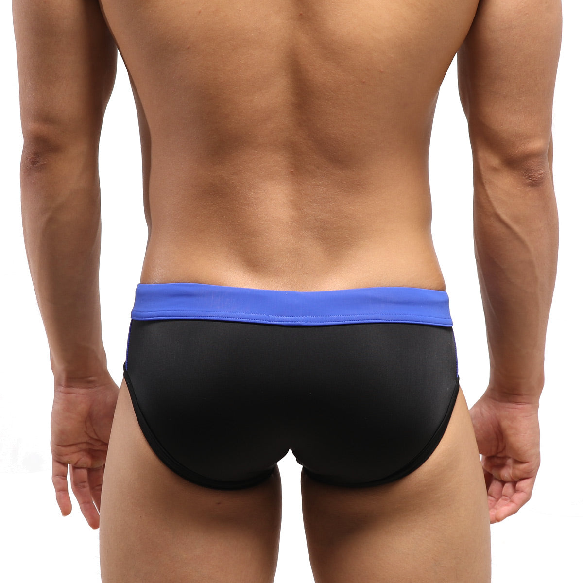 Black swim trunks with vibrant blue elastic waistband by MetroMaleWear Reno Swim Brief for comfortable beachwear