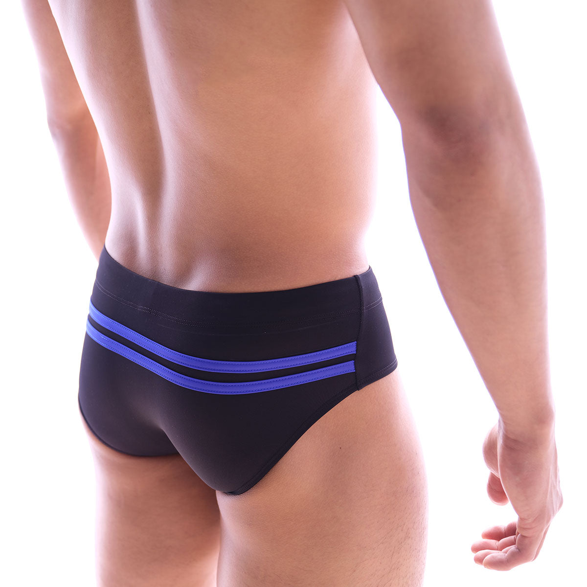 MetroMaleWear Alora swim brief black with two bold blue stripes on the waistband for stylish swimming use