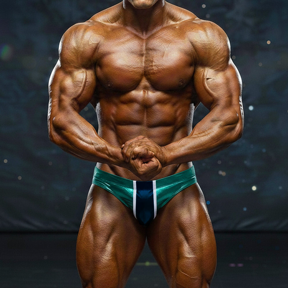 Teal and white striped competitive bodybuilding briefs from MetroMaleWear MetroMuscleWear for competition use