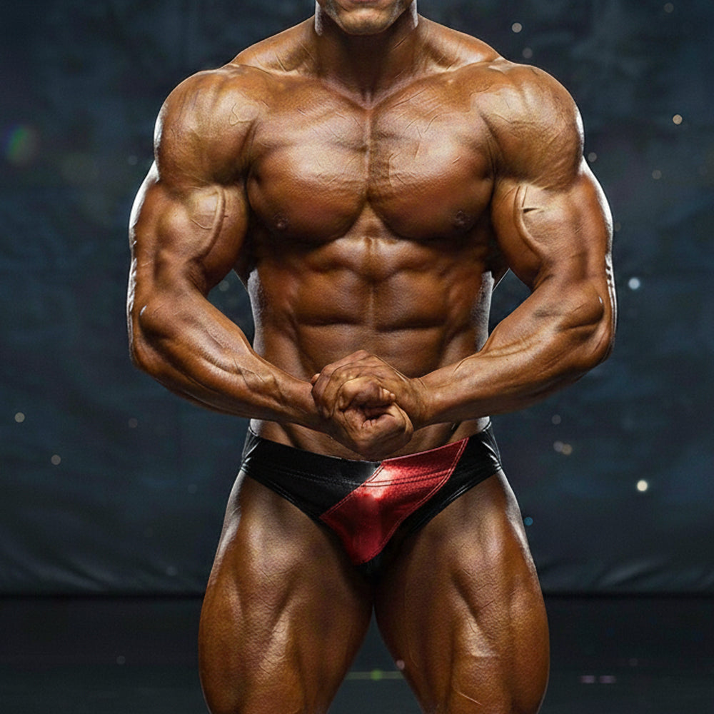 A muscular bodybuilder wearing metroMalewear metroMusclewear competition suit red 4974-12 with metallic red accent