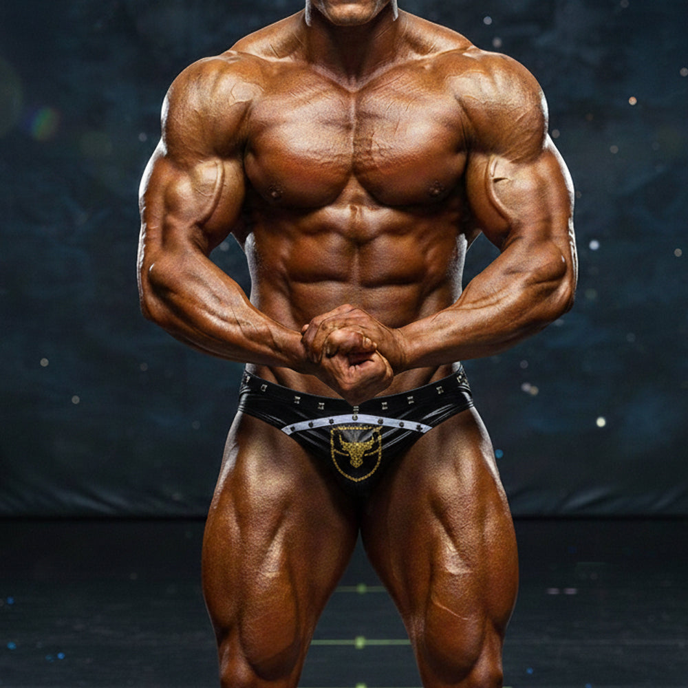 Black and gold MetroMaleWear MetroMuscleWear Benjamin competition briefs with golden bull emblem on front