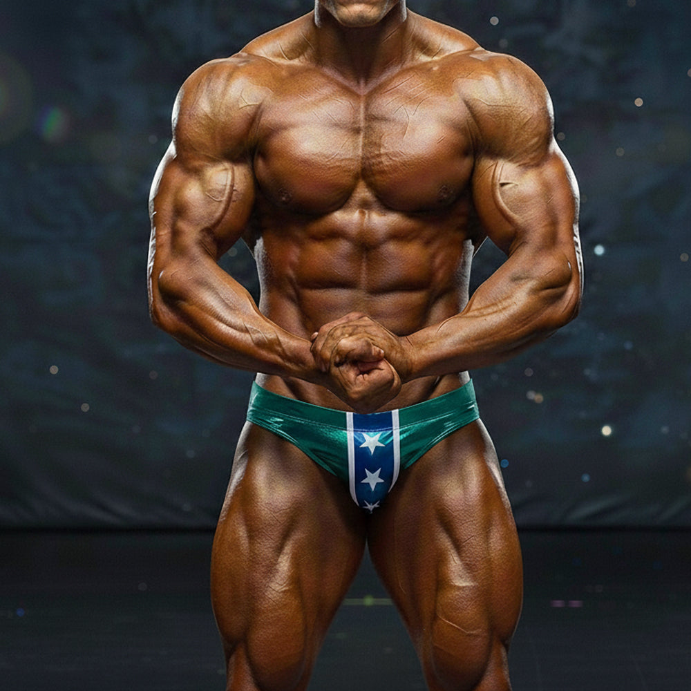 Teal and white star-patterned competitive bodybuilding briefs by MetroMaleWear MetroMuscleWear for competition use