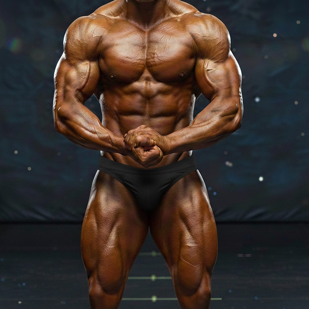 A muscular male bodybuilder wearing metroMalewear metroMusclewear basic black competition suit with a defined tanned physique