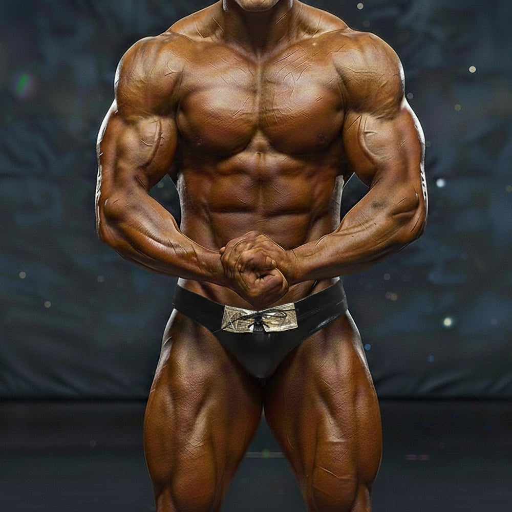Black briefs with a silver metallic intricate belt buckle from MetroMaleWear MetroMuscleWear Kai Competition Suit 4974-43