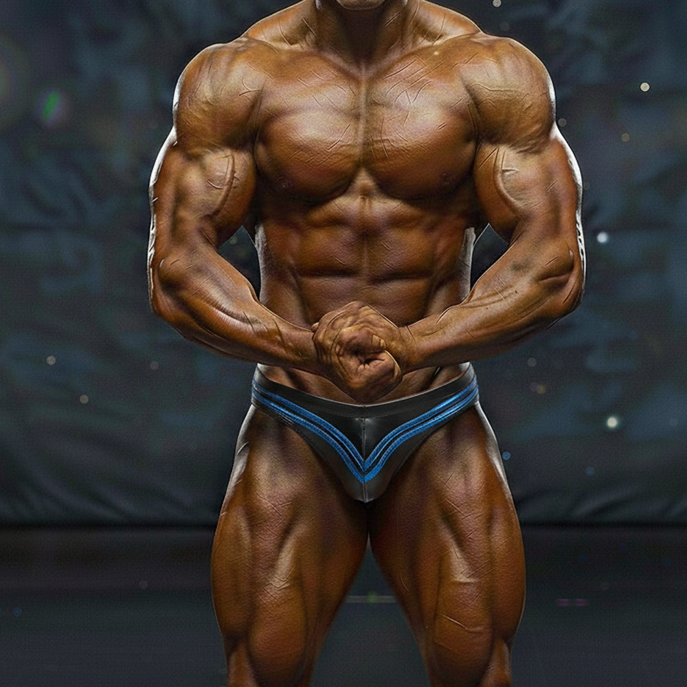 A sleek black and blue athletic brief with v-shaped design from metromalewear metromusclewear ajax competition suit