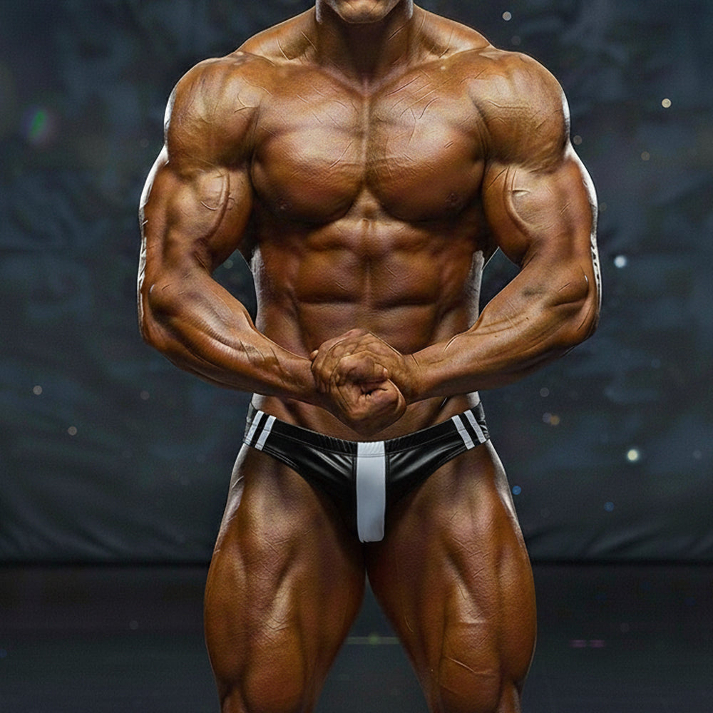 Black and white striped athletic briefs with a central vertical stripe from MetroMaleWear MetroMuscleWear Lucas suit