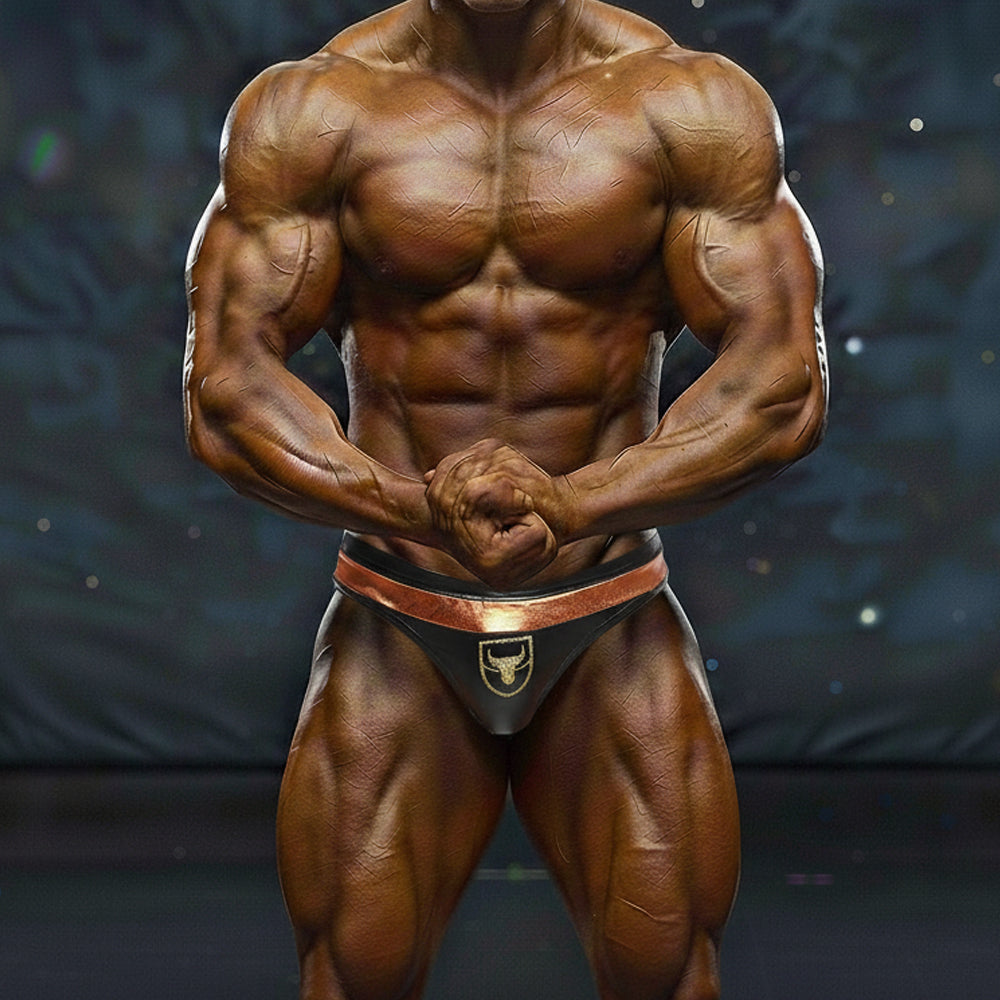 Black and copper-trimmed MetroMaleWear Hudson bodybuilding briefs with a gold bull emblem for competition use