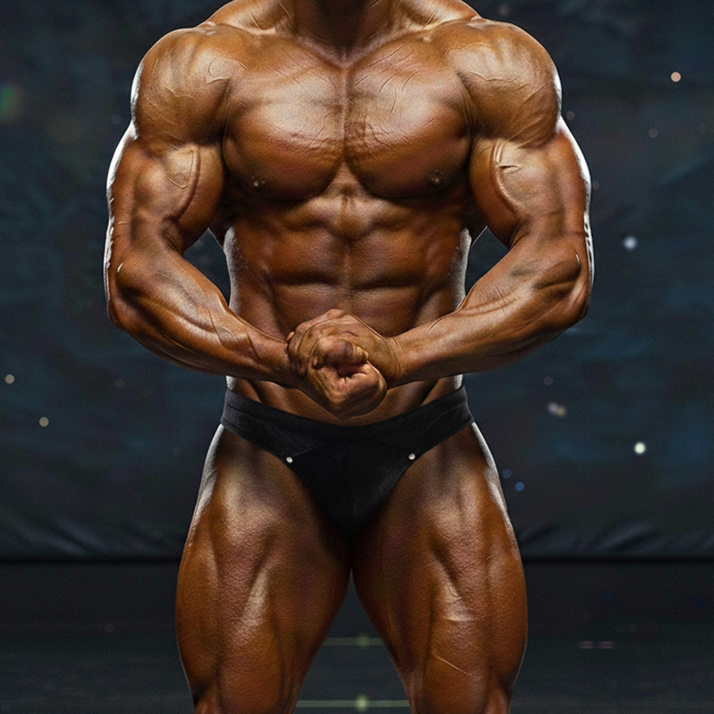 A muscular male bodybuilder wearing black glossy metroMalewear metroMusclewear Adam competition suit 4974-68 briefs