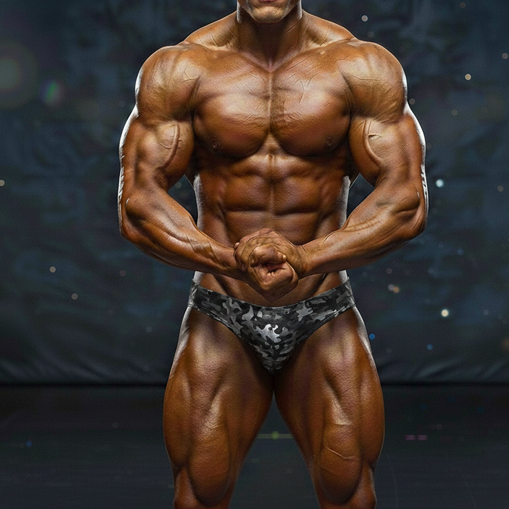 A pair of black and gray camouflage athletic briefs from metromalewear metromusclewear basic competition suit