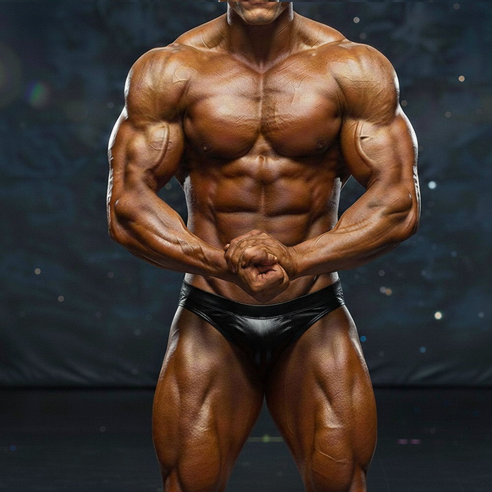 A muscular male bodybuilder wearing a sleek black latex brief metrocompetitionsuit by metromalewear