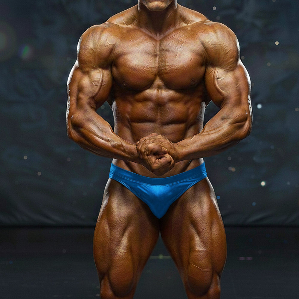 A muscular male bodybuilder wearing vibrant blue MetroMaleWear MetroMuscleWear basic competition briefs