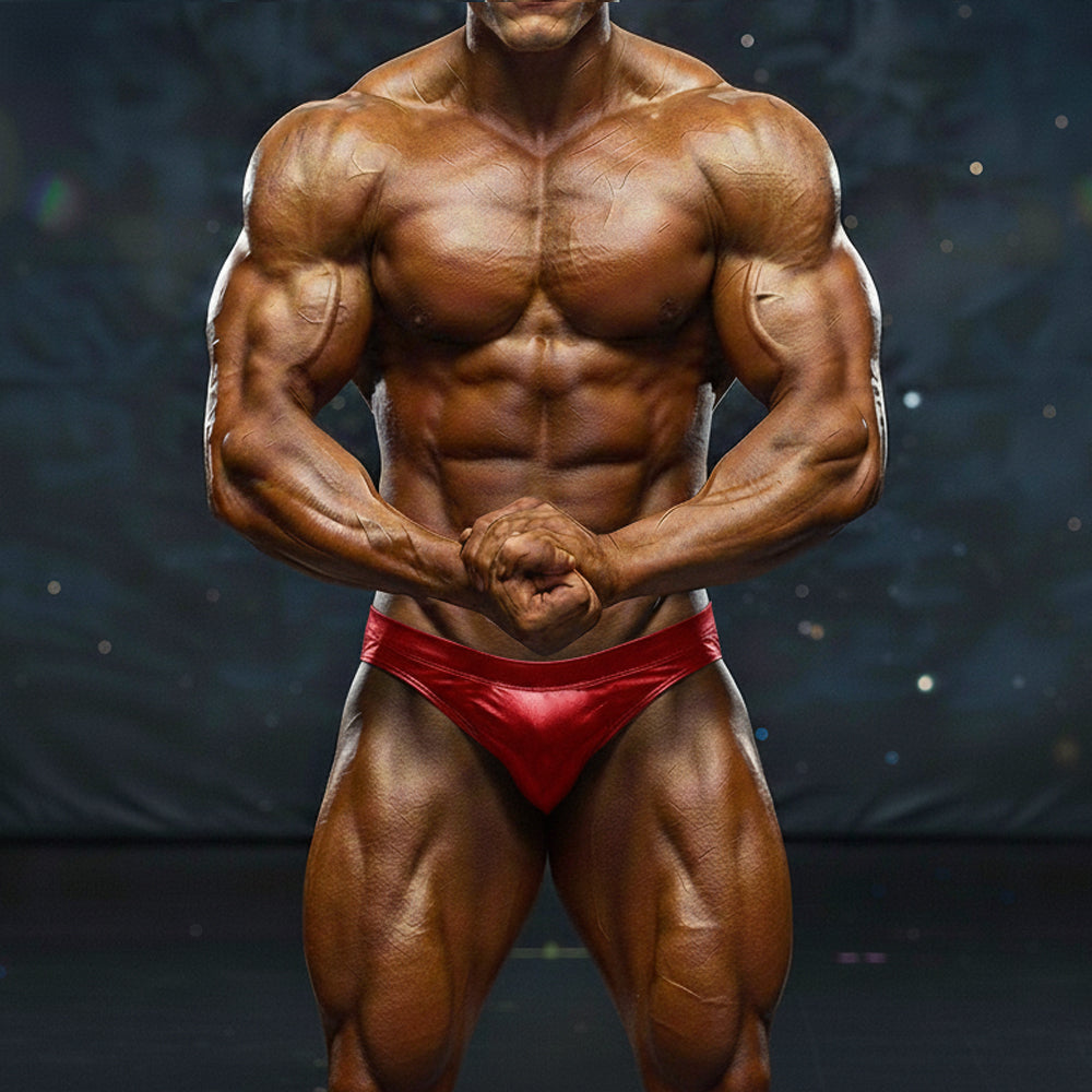 A muscular man wearing shiny red metro musclwear basic competition suit briefs for bodybuilding contests