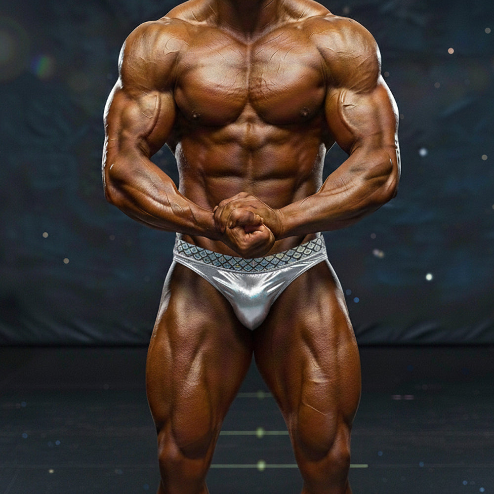Shiny silver briefs with patterned waistband from MetroMaleWear MetroMuscleWear Jupiter Competition Suit 4974-89