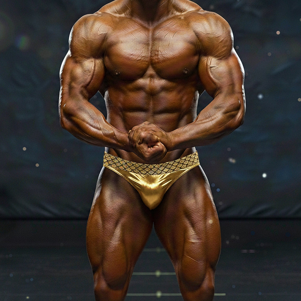Shiny gold metallic briefs with a subtle geometric pattern from metromalewear metromusclewear jupiter competition suit