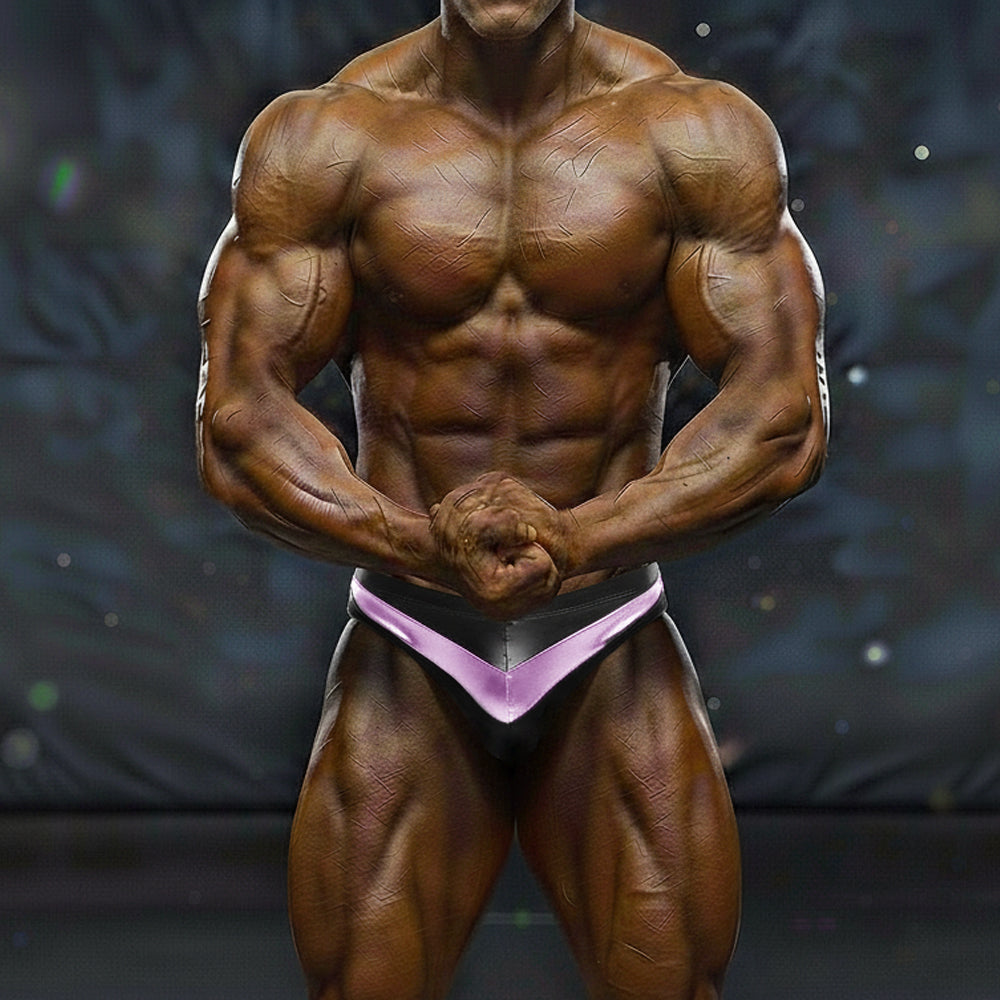 A muscular bodybuilder wearing black and purple MetroMaleWear MetroMuscleWear Mark competition briefs pink 4974-91
