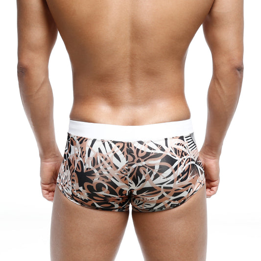 MetroMaleWear Profundo swim boxer briefs feature black beige and white abstract leaf pattern with solid white waistband