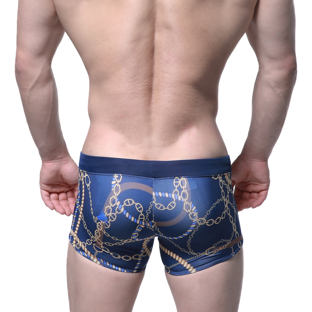 Navy blue metroMalewear mayor swim boxer briefs with gold chain pattern and subtle blue star accents