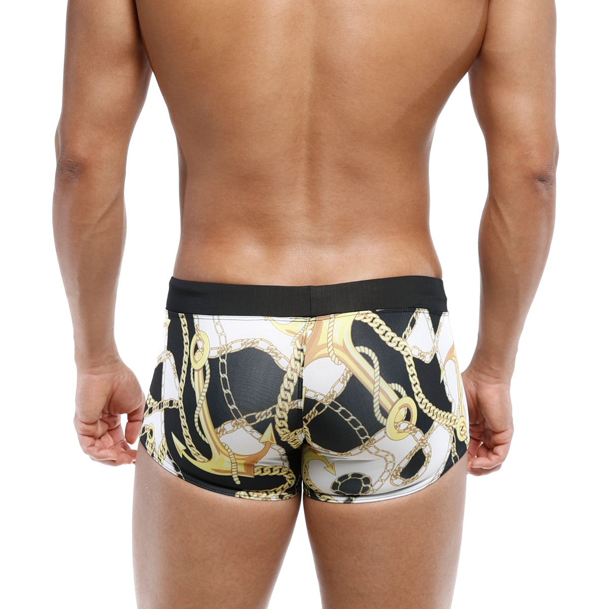 Black and white MetroMaleWear Profundo swim boxer briefs with bold gold anchor and chain pattern