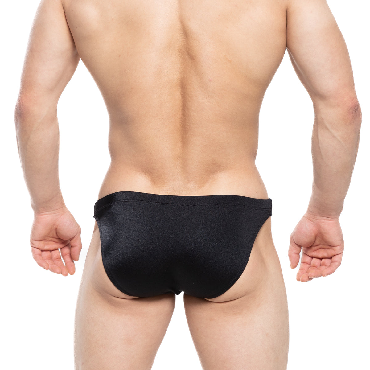 Black sleek form-fitting swim trunks made of smooth fabric from MetroMaleWear Shark Swim Bikini 4987-20 collection