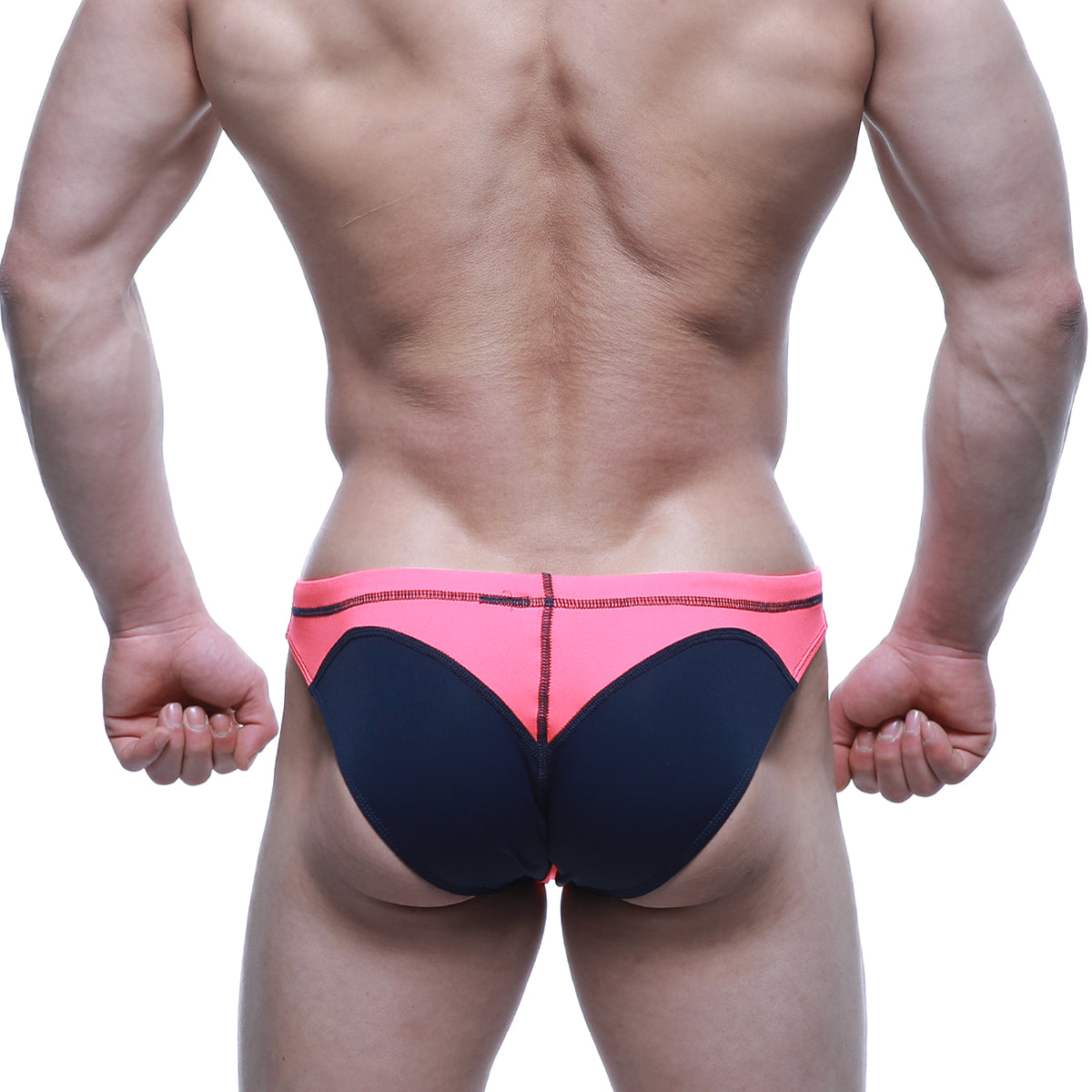 MetroMaleWear WAHOO swim bikini neon pink 4989-02 features bright pink and navy blue color-block trunks