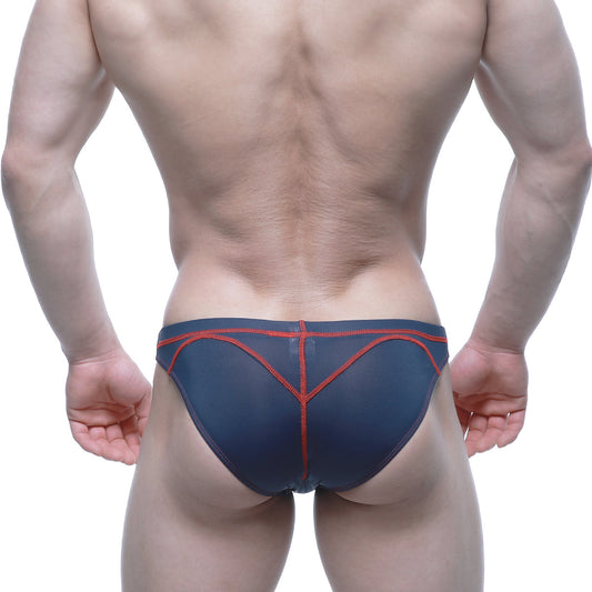 Metro malewear wahoo sheer swim bikini dark blue navy briefs with red stitching along seams and edges