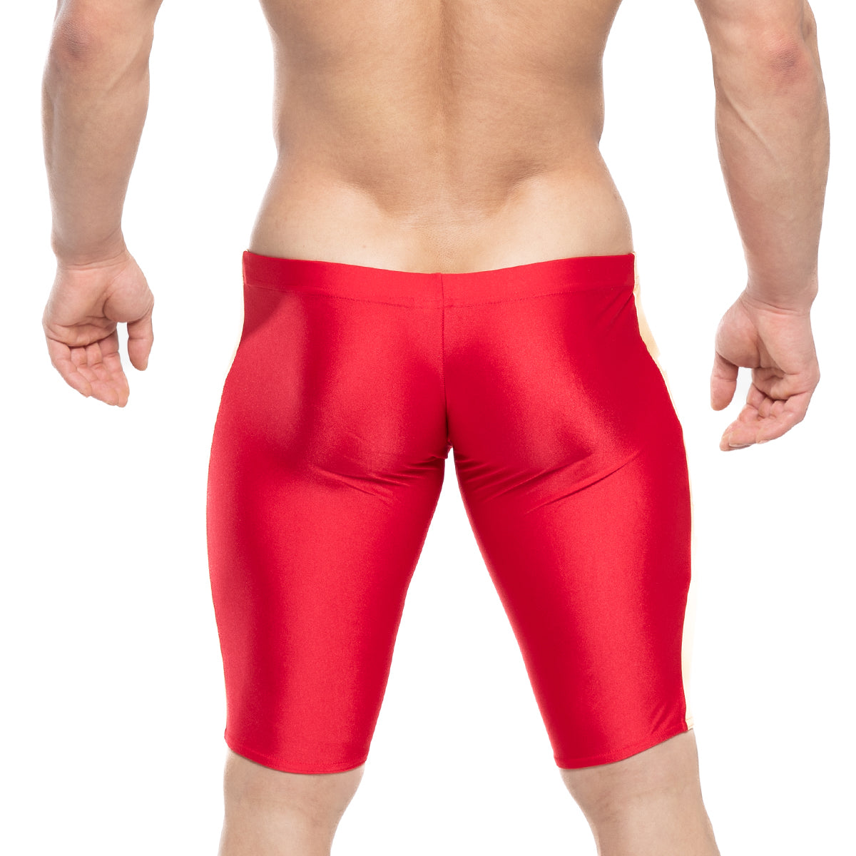 Red shiny form-fitting jammer swim boxer by metromalewear designed for swimming and water activities