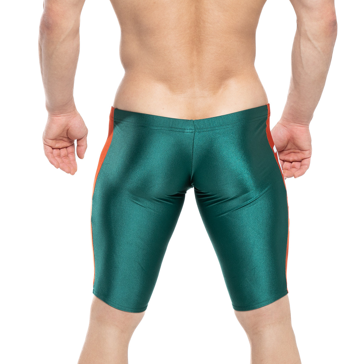 Shiny emerald green MetroMaleWear New Jammer swim boxer with bold orange side stripes and athletic fit