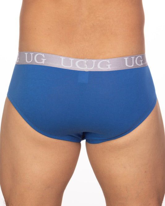 Blue Undergear Basix brief with gray waistband and ug logo shown in a 5 pack underwear set
