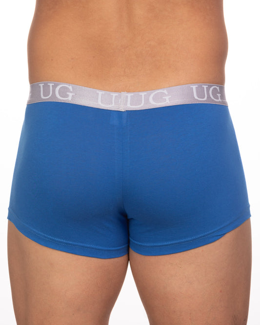 Blue ug brand briefs with gray elastic waistband featuring repeating ug lettering in 5-pack undergear basix trunk