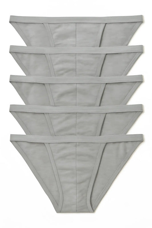 Five pack contour cutaway bikini light gray thong underwear made of 100 percent cotton neatly stacked