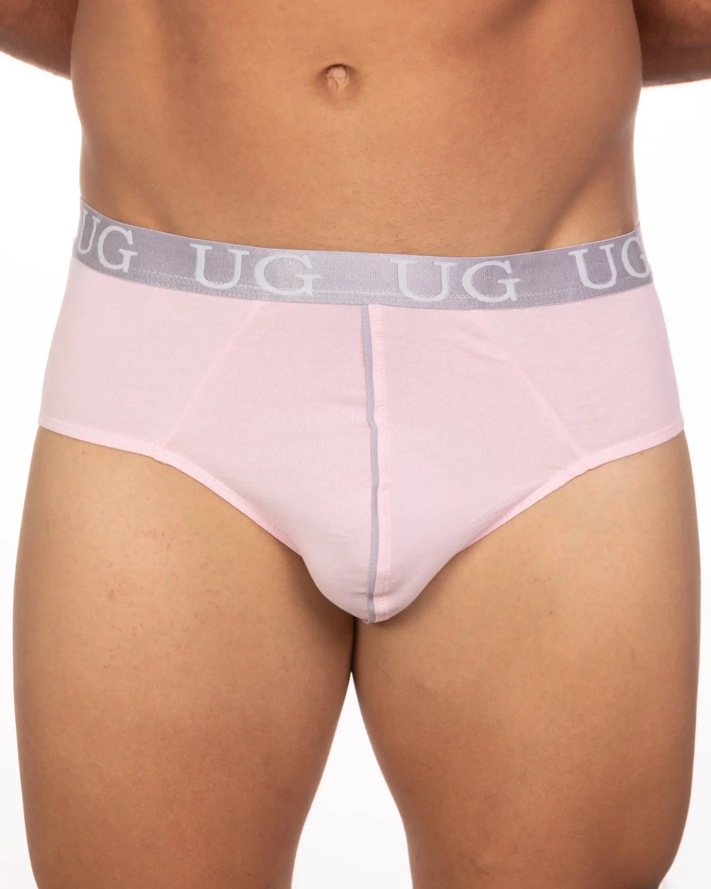 Pink ug brand briefs with gray elastic waistband featuring repeating ug lettering from 5 pack undergear basix brief