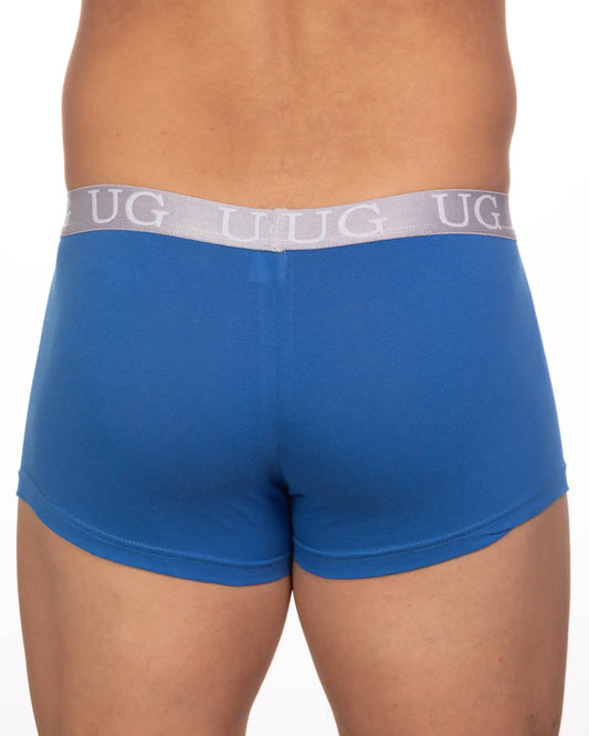 Blue ug brand briefs with gray elastic waistband featuring repeating ug lettering in 5-pack undergear basix trunk