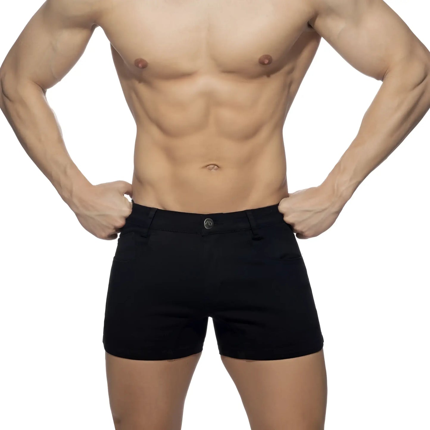Black men’s 5 pockets summer shorts with a classic tailored fit and single button closure perfect for warm weather