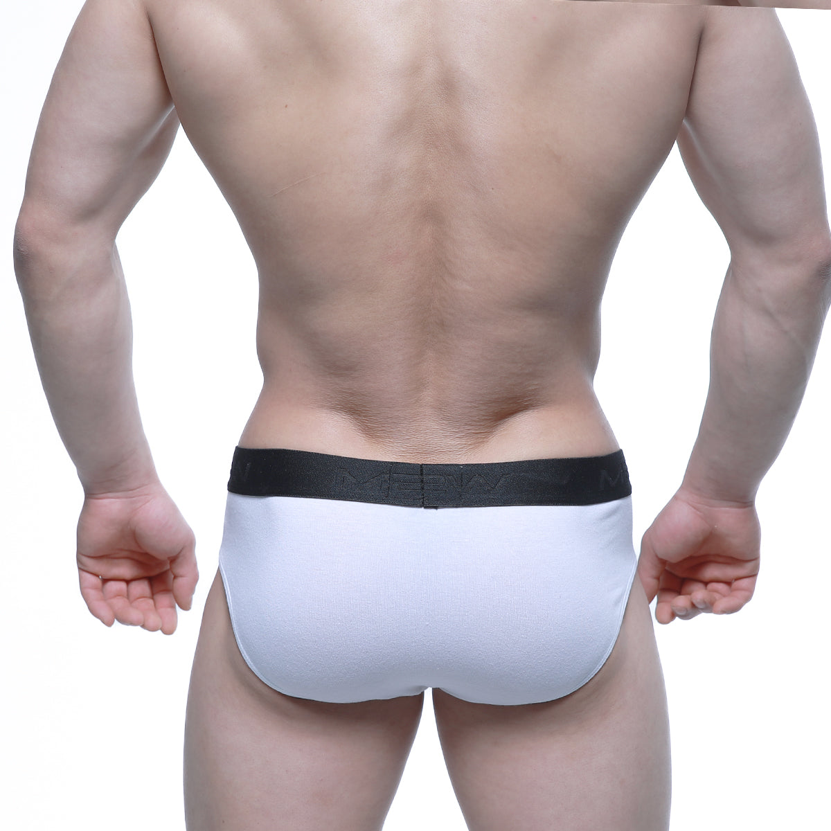 White briefs with black elastic waistband featuring nerdy branding metroMalewear daily brief white 5003-01