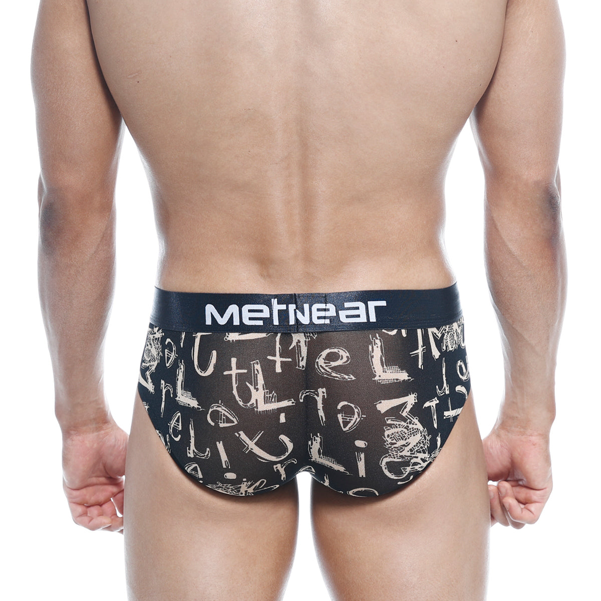 Black mesh metroMalewear hip briefs with white graffiti lettering and black waistband featuring mertnear brand name