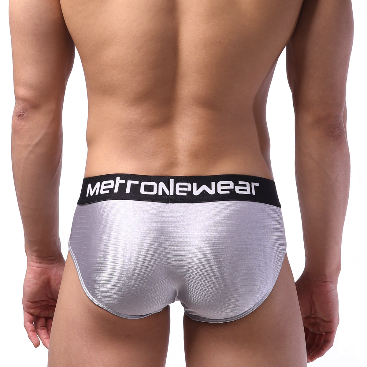 Metal silver metromalewear hip brief with silver metallic texture and black waistband featuring metronewear logo