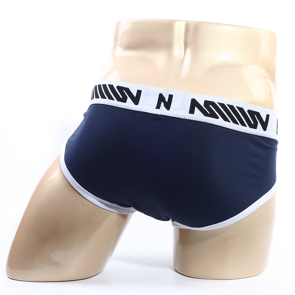 Metro male wear sistonia hip brief in navy blue with white trim and black logo waistband for comfortable fit