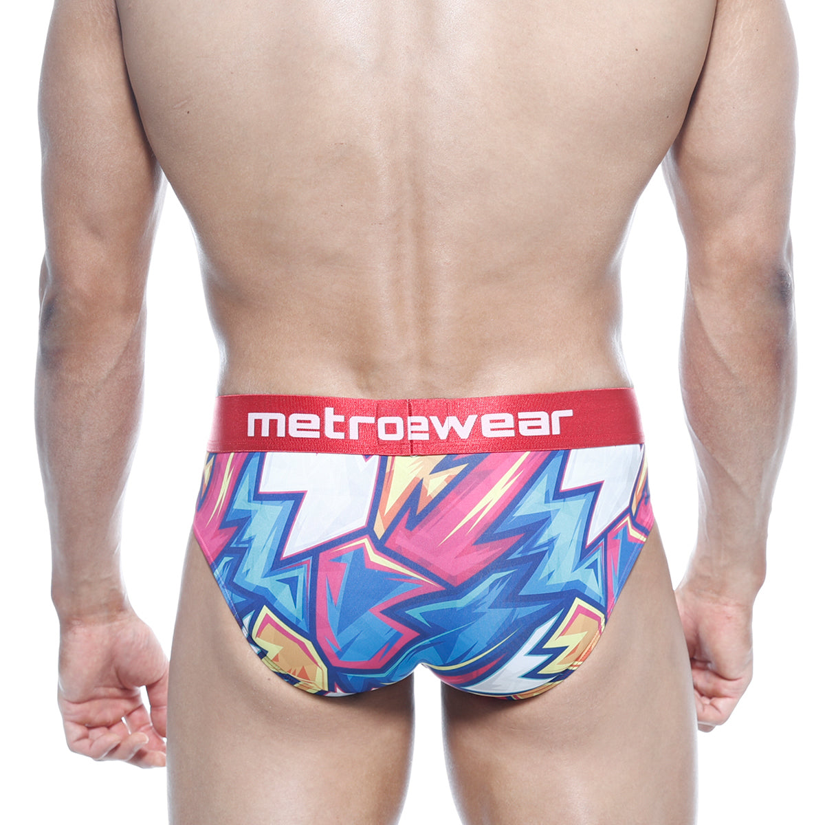 MetroMaleWear Atractivo hip brief in vibrant pink blue and yellow lightning bolts with red metro2wear waistband