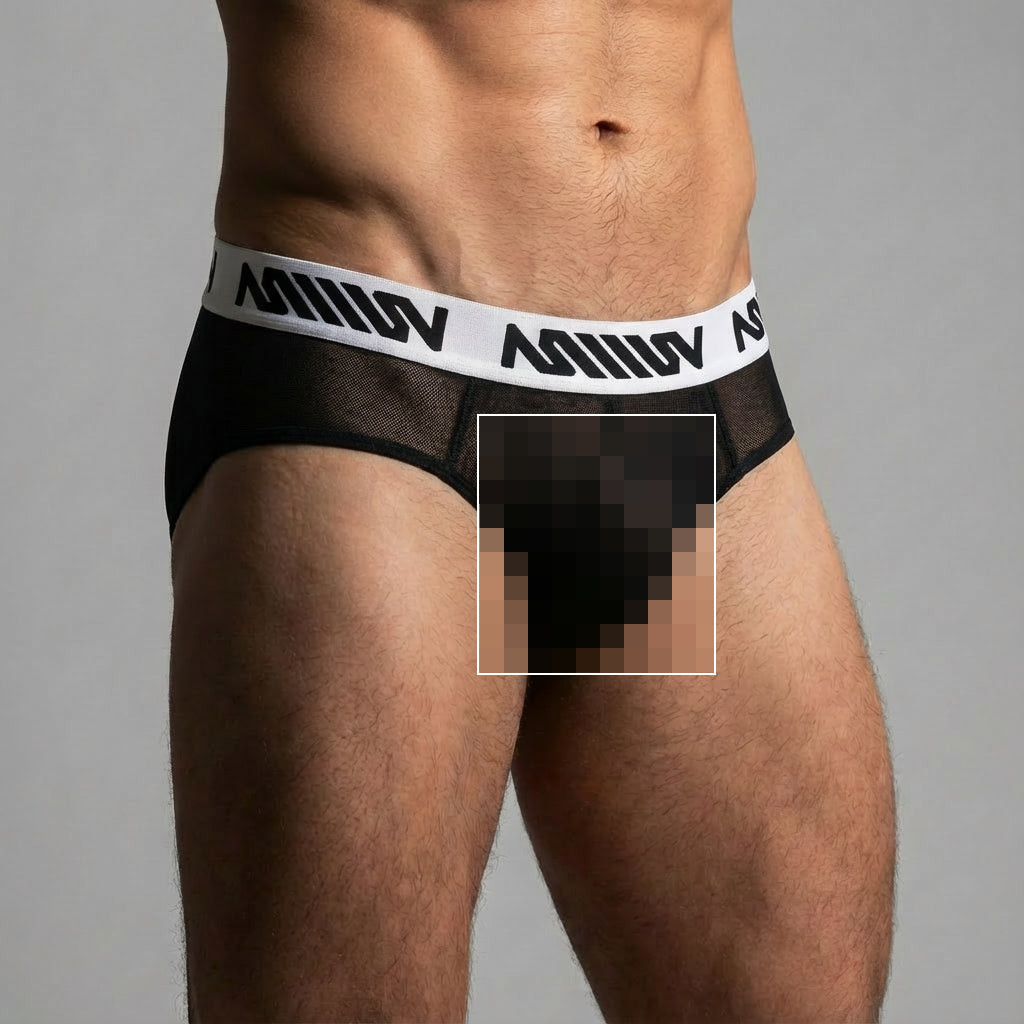 Metro male wear mesh hip brief black 5003 44 black mesh briefs with white elastic waistband and miiow logo