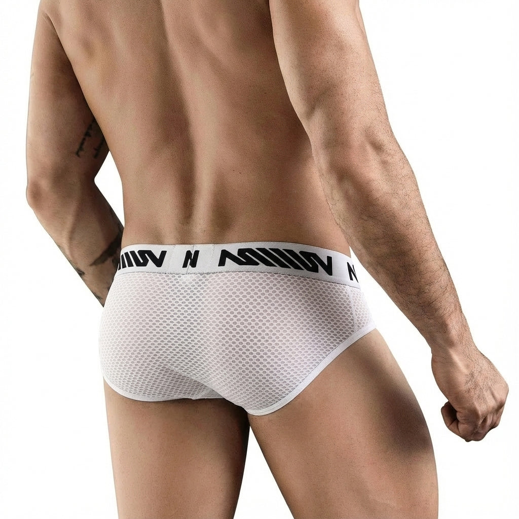 Metro male wear suena brief white 5003-49 white mesh briefs with a black logo band on the waistband