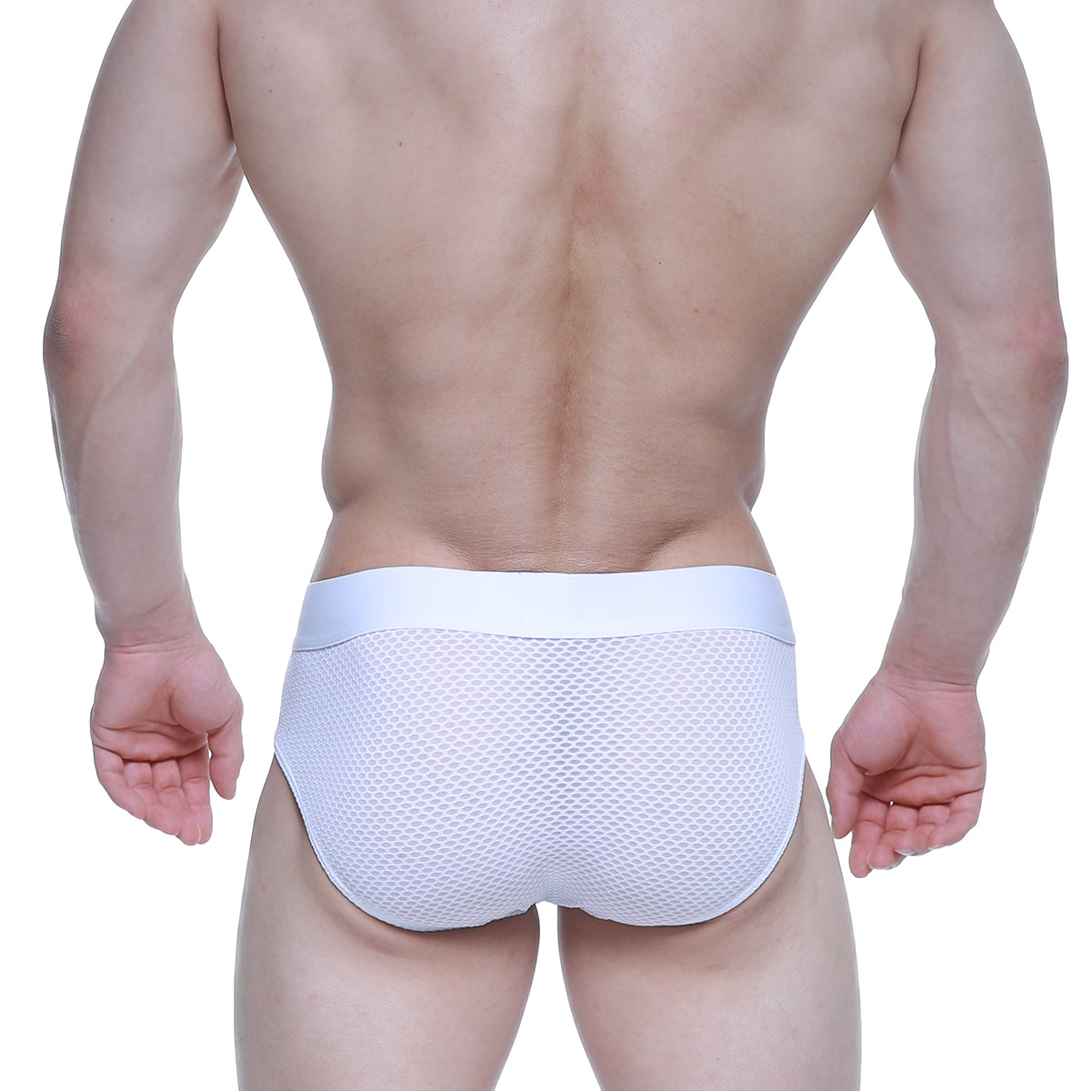 White mesh briefs with a solid white waistband from metromalewear matrix brief 5003-51 for comfortable daily wear
